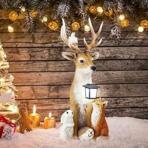 Solar Garden Statue Resin Deer and Friends Sculpture Figures Xmas Decoration