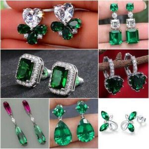  Top Brands  חרוזים והכנת תכשיטים - Beads and jewelry  925 Silver Hoop Earring Romantic Women Bride Jewelry Emerald Earrings A Pair/set