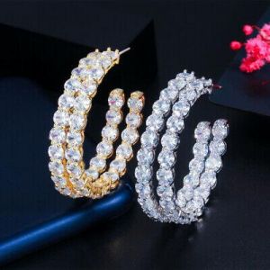  Top Brands  חרוזים והכנת תכשיטים - Beads and jewelry  Round Cut CZ Cubic Zirconia Big Charm Pure 925 Silver Hoop Earrings for Women